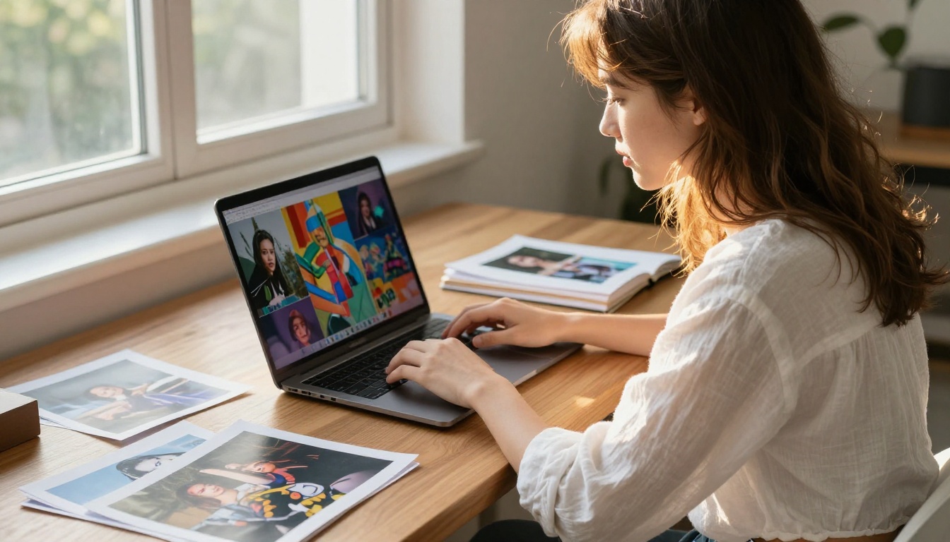 Woman creative professional at desk with AI-generated imagery on screen Woman creative professional at desk with AI-generated imagery on screen