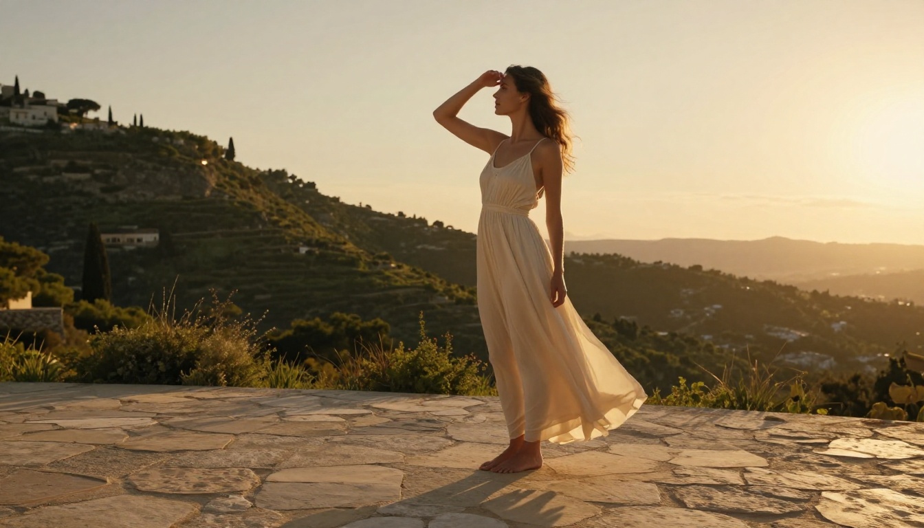 Beautiful woman on Mediterranean stone terrace at golden hour, sundress billowing in the breeze Beautiful woman on Mediterranean stone terrace at golden hour, sundress billowing in the breeze