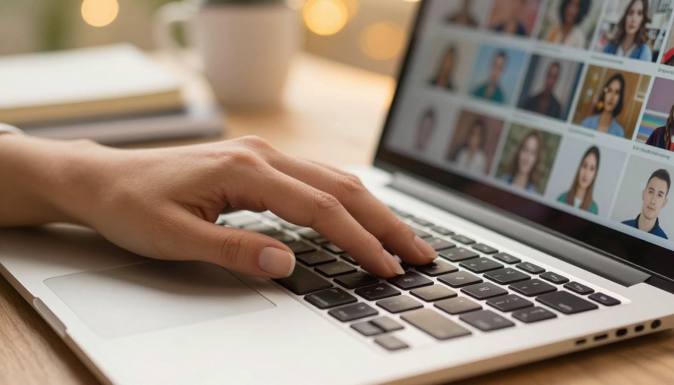Close-up of woman's hands on laptop keyboard with colorful AI interface visible on screen Close-up of woman's hands on laptop keyboard with colorful AI interface visible on screen