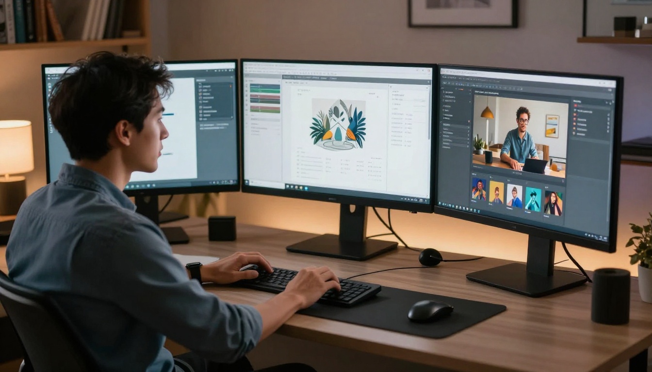 Male creative professional with three monitors displaying different AI-generated artwork