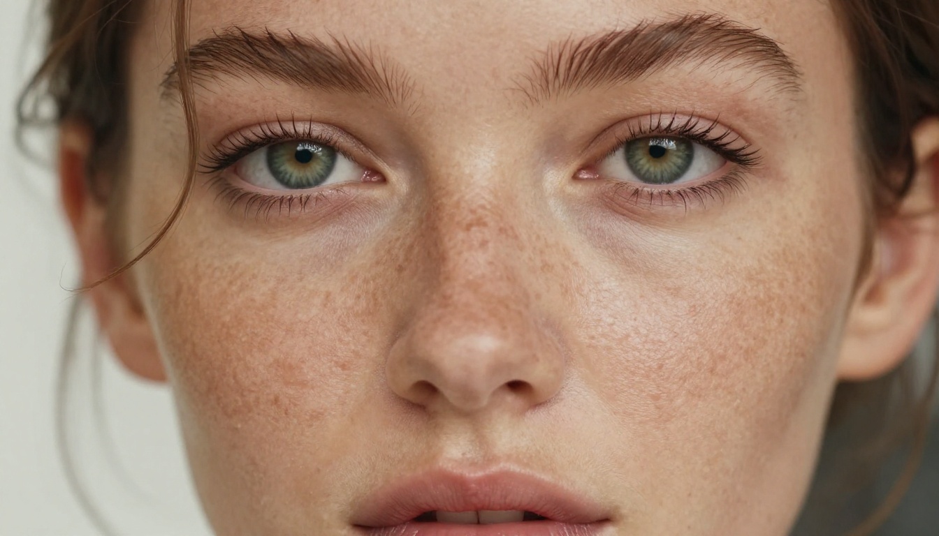 Extreme close-up beauty portrait with freckled skin and green eyes