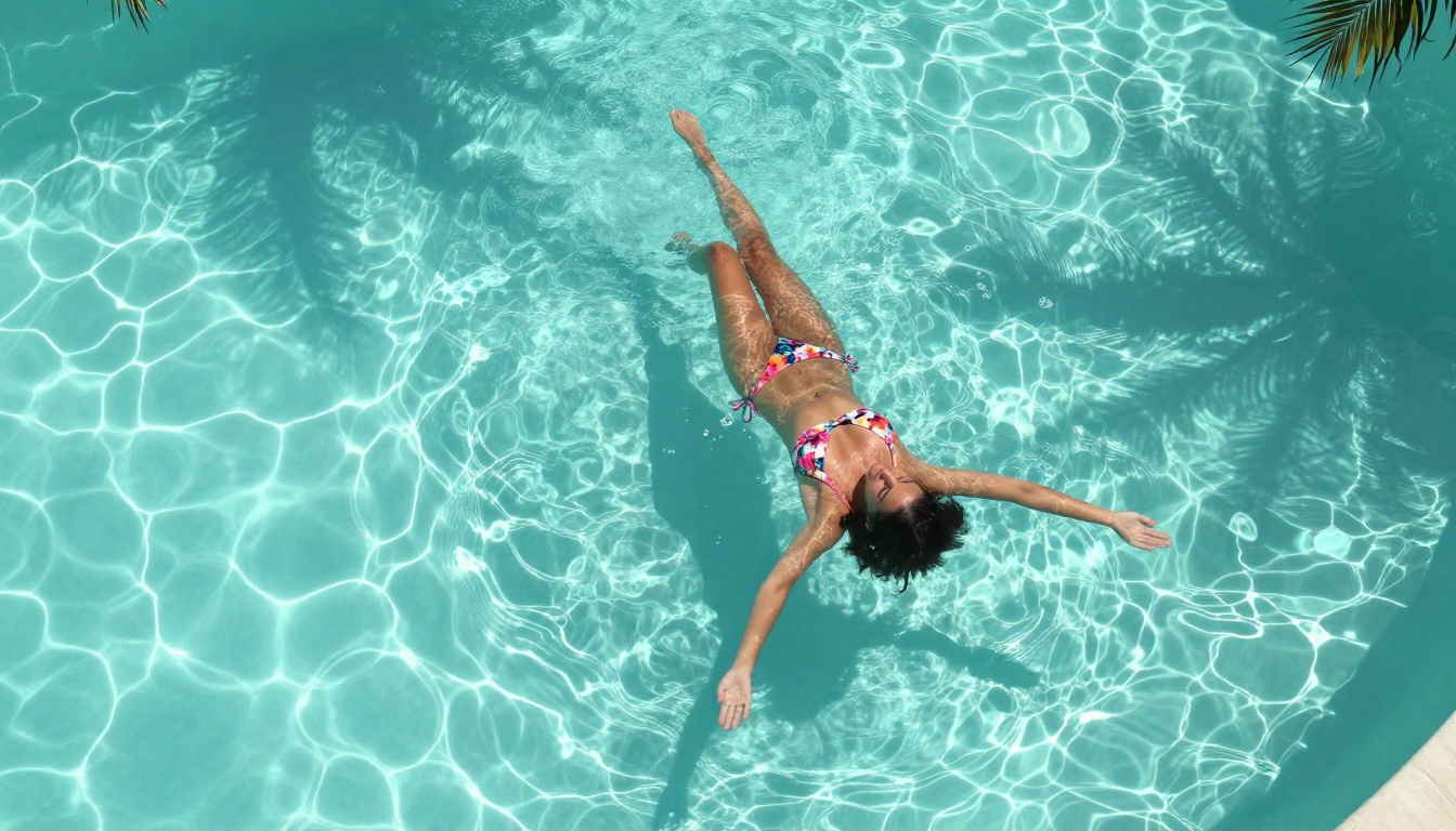 Aerial overhead view of woman in colorful floral bikini floating in clear turquoise pool