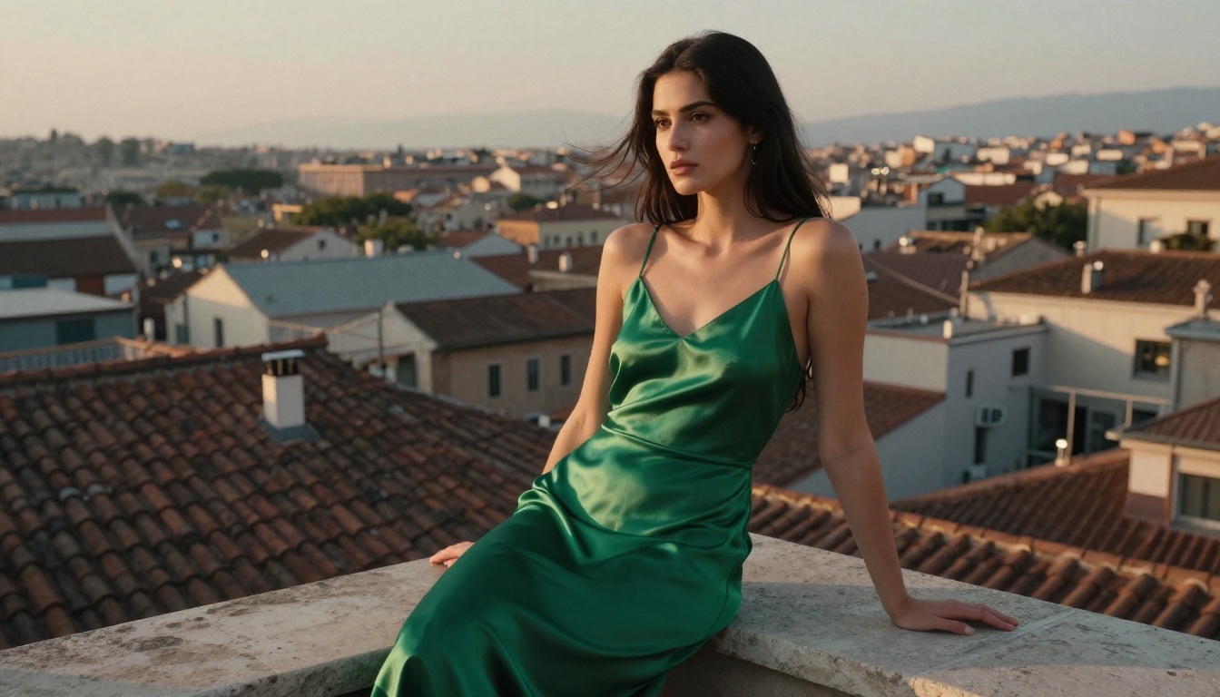 Woman in an emerald green slip dress on a rooftop terrace overlooking a European city