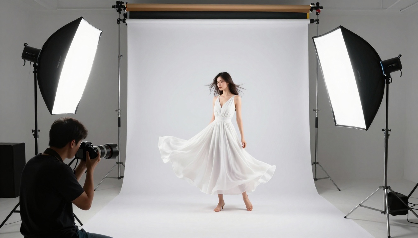 Professional photography studio setup with model in white dress and professional lighting equipment