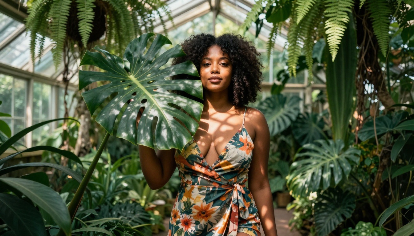 Woman with natural afro hair in a botanical greenhouse wearing a floral wrap dress