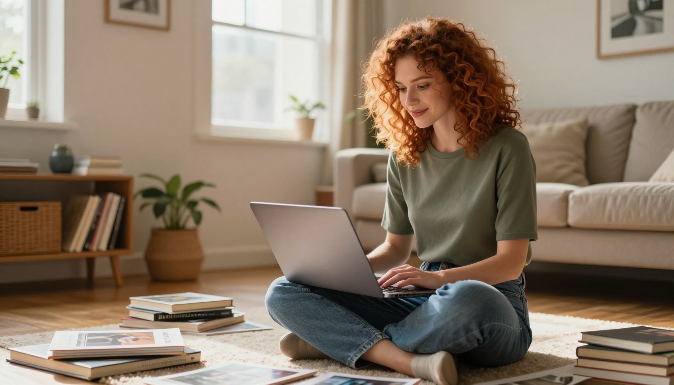 Woman with curly auburn hair sitting on apartment floor with laptop open to AI creative interface