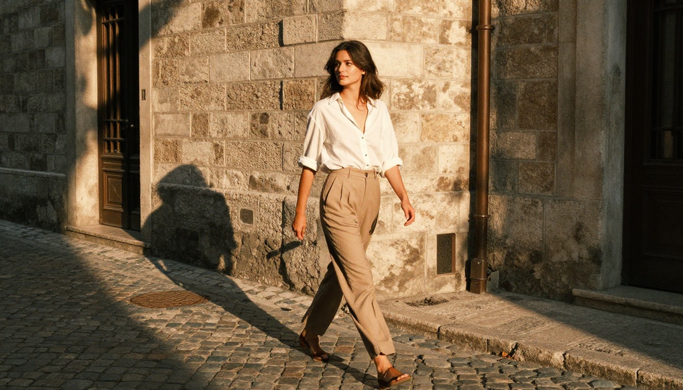Beautiful woman walking confidently through narrow European cobblestone alley in golden morning light