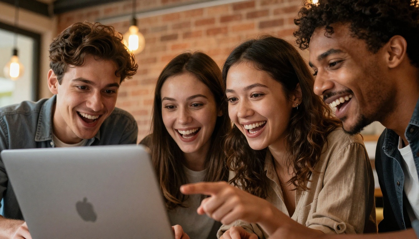 Diverse group of three creators sharing excitement around a laptop screen in warm co-working space