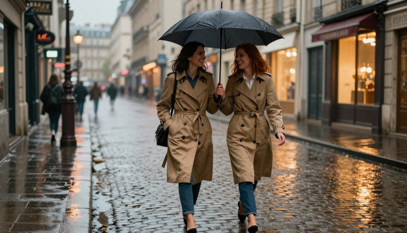 Two women laughing together under a shared umbrella on a rain-soaked cobblestone street in Paris at dusk