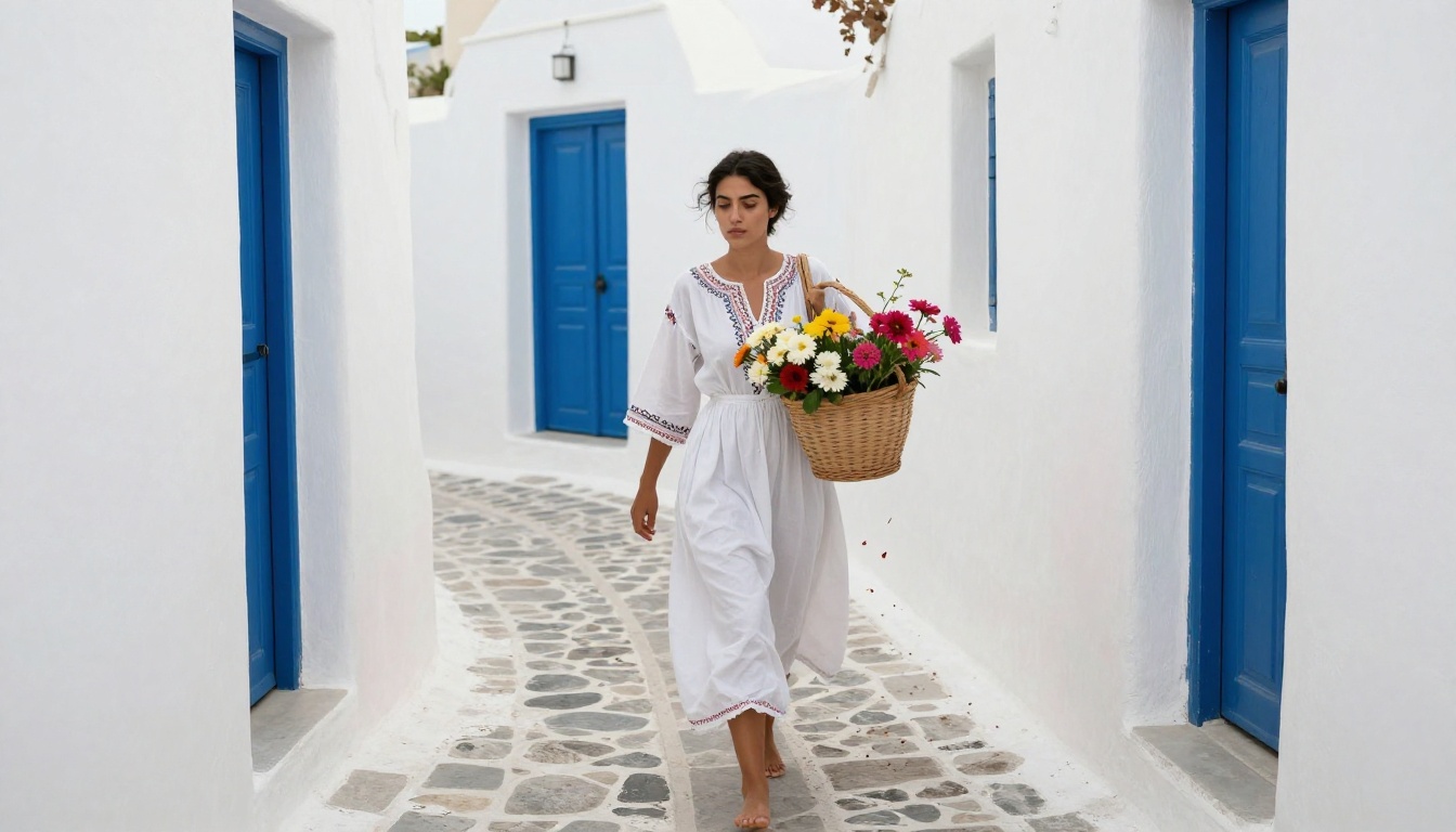 Barefoot woman in a white embroidered cotton dress walking through a Santorini alley with a flower basket