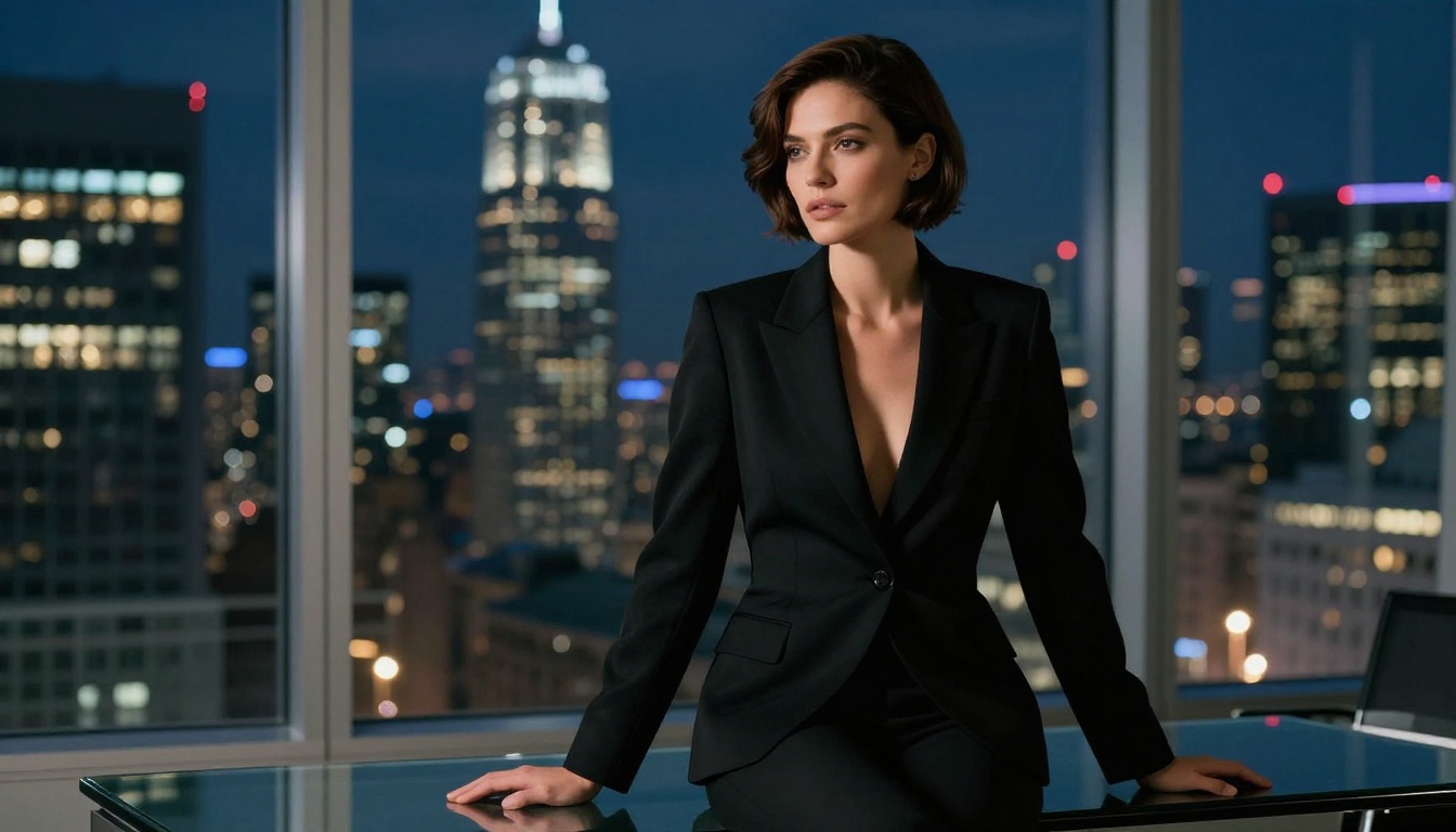 Woman with short brunette pixie cut in a black blazer in a high-rise office at night with city lights behind her