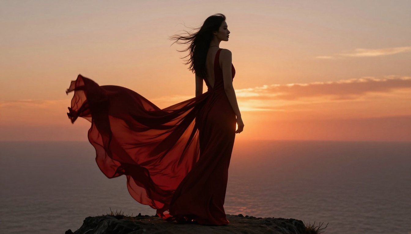 Side silhouette of a woman in a flowing red gown standing on a clifftop at sunset with arm outstretched