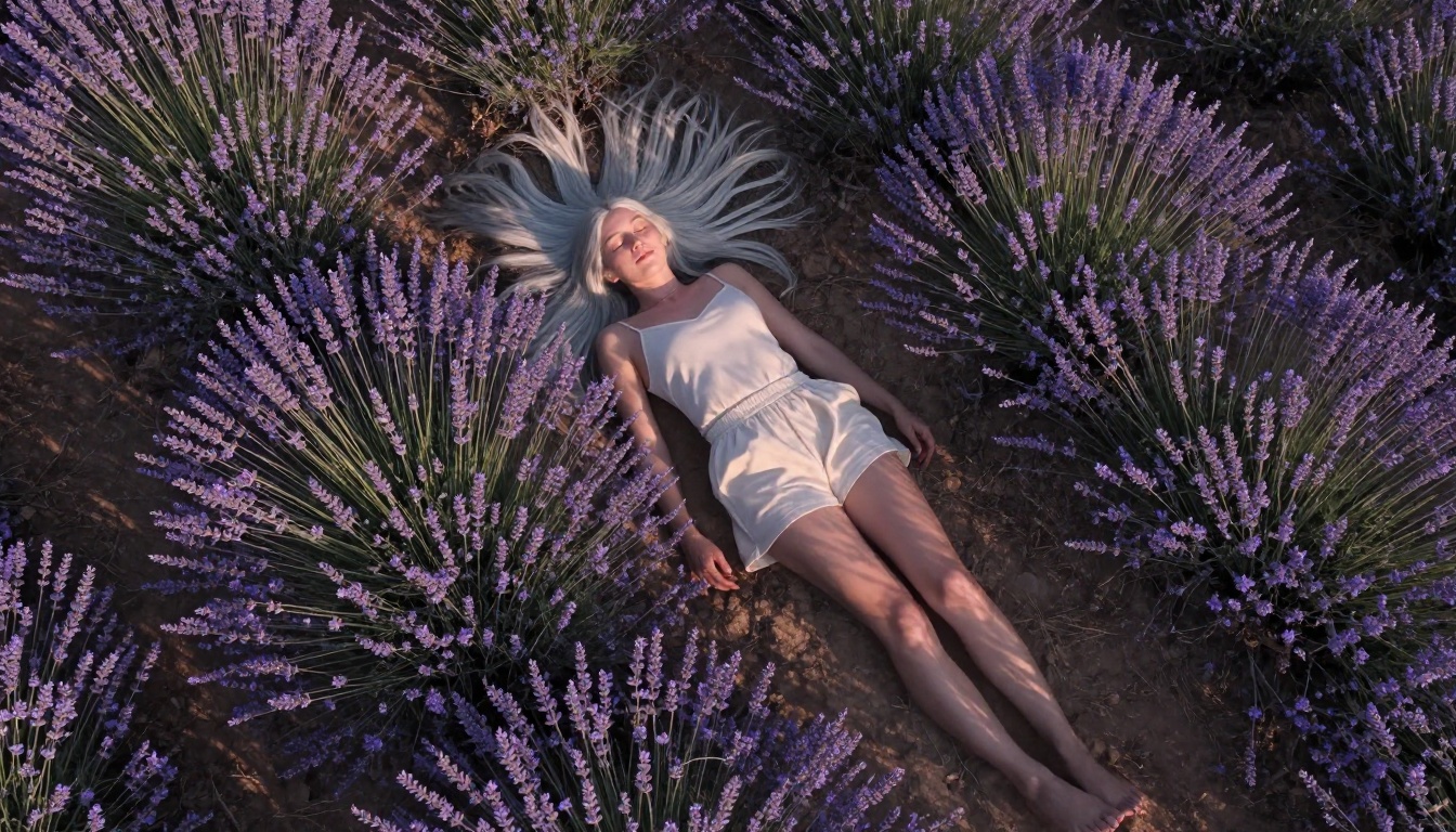 Woman with long silver-platinum hair lying in a lavender field in Provence, aerial view