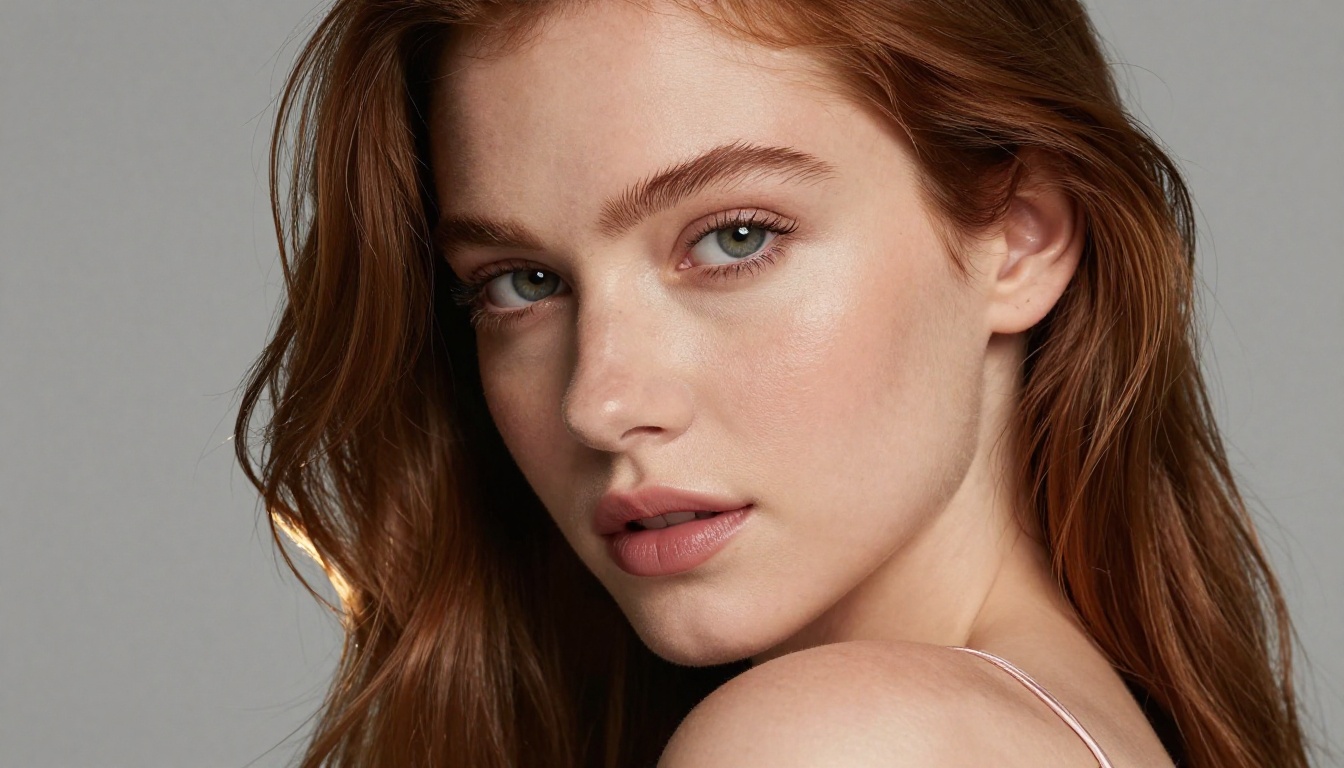 Close-up beauty portrait of a woman with auburn hair, soft studio lighting, 105mm lens, freckles