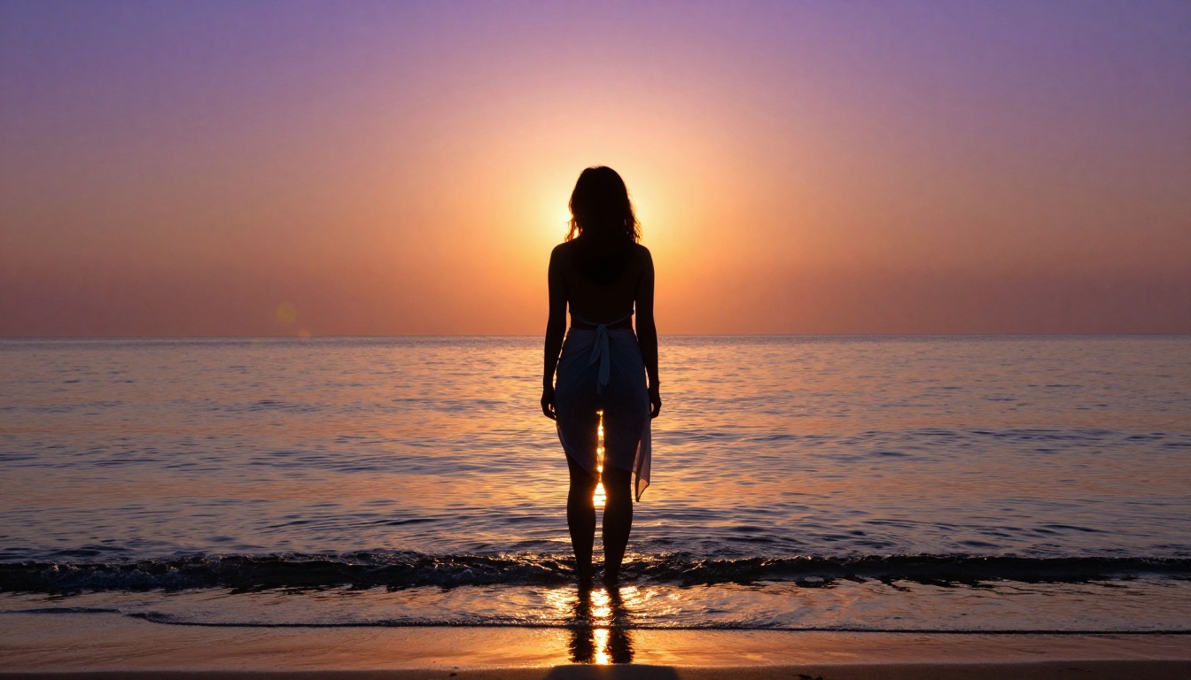 Artistic silhouette of a woman in the ocean at sunset, backlit by sun, sheer sarong, orange and violet sky