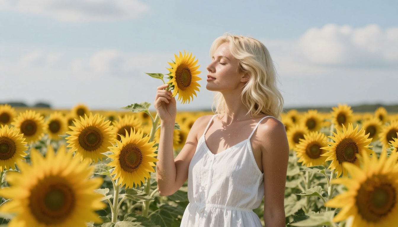 Woman in white cotton slip dress in a sunflower field, summer midday light, semi-transparent fabric
