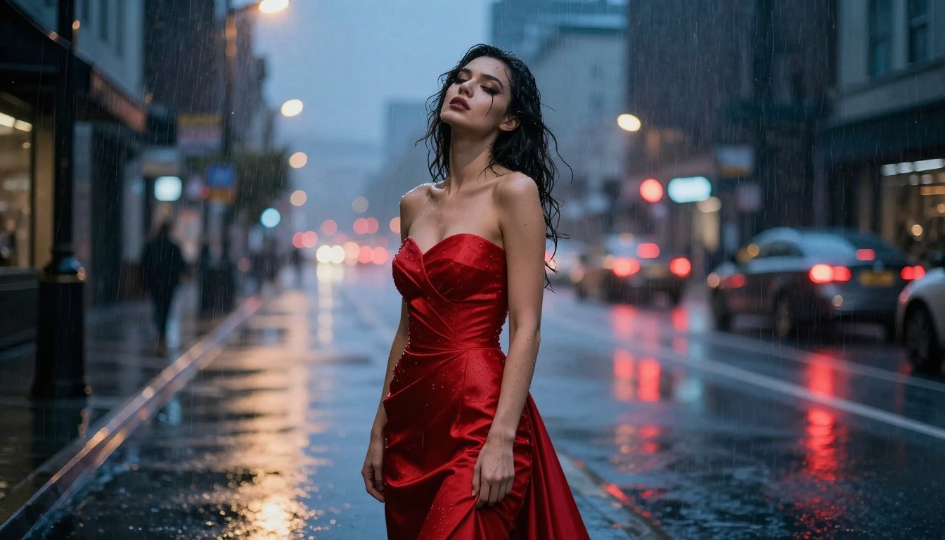 Woman in red strapless gown on rain-wet city street at night, red and amber street light reflections, editorial