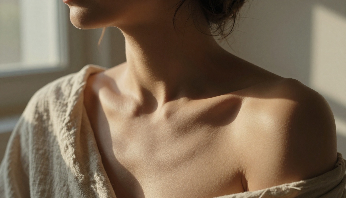 Intimate close-up of woman's shoulder, collarbone, and neck, warm afternoon window light, linen fabric drape