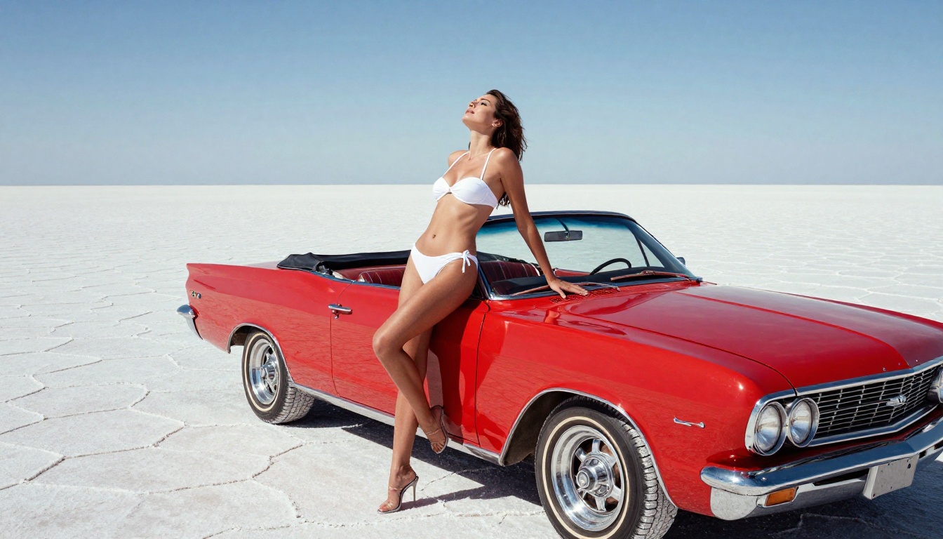 Woman in white vintage bikini on hood of classic red 1960s convertible, desert salt flat, noon sun, chrome reflections