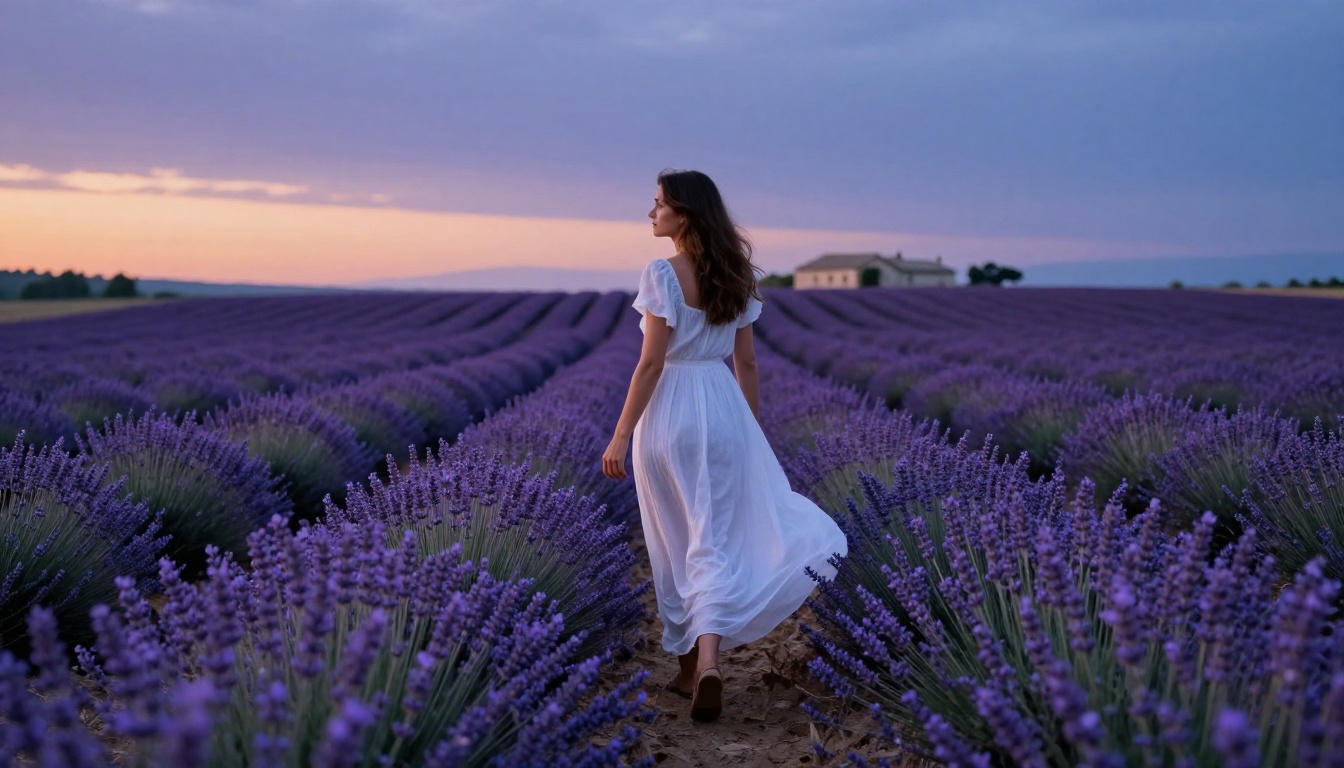 Woman in white maxi dress walking through lavender field at blue hour, dress flowing in breeze, lavender bokeh