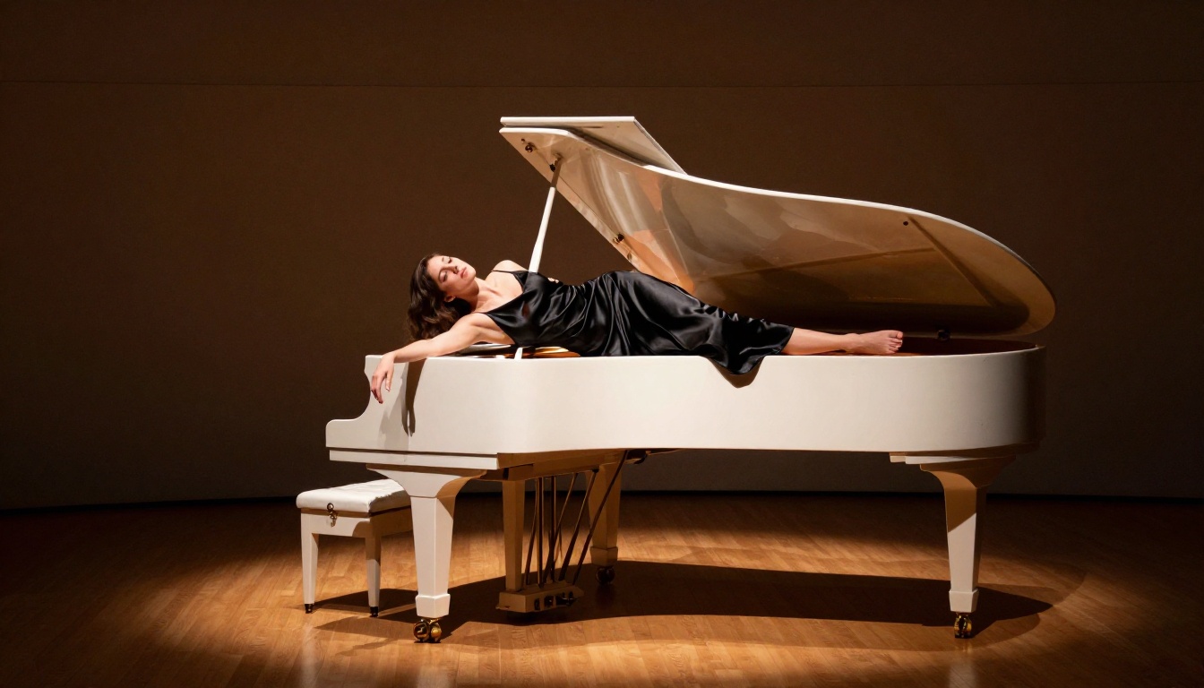 Woman reclining on a white grand piano in a concert hall, spotlight from above, theatrical dramatic shadows