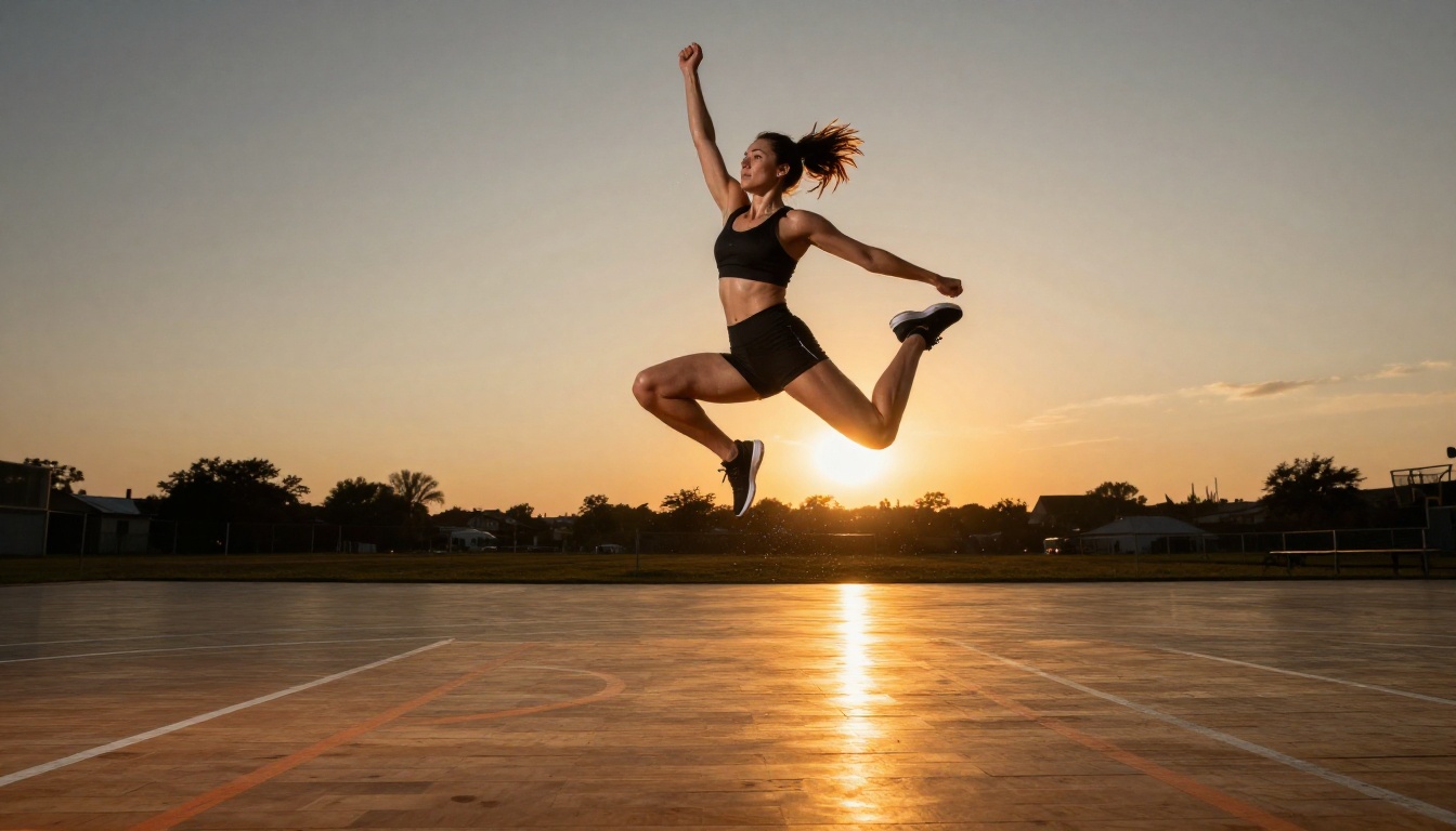 Woman in black sports bra and leggings mid-jump on basketball court at sunset, sweat droplets frozen in motion