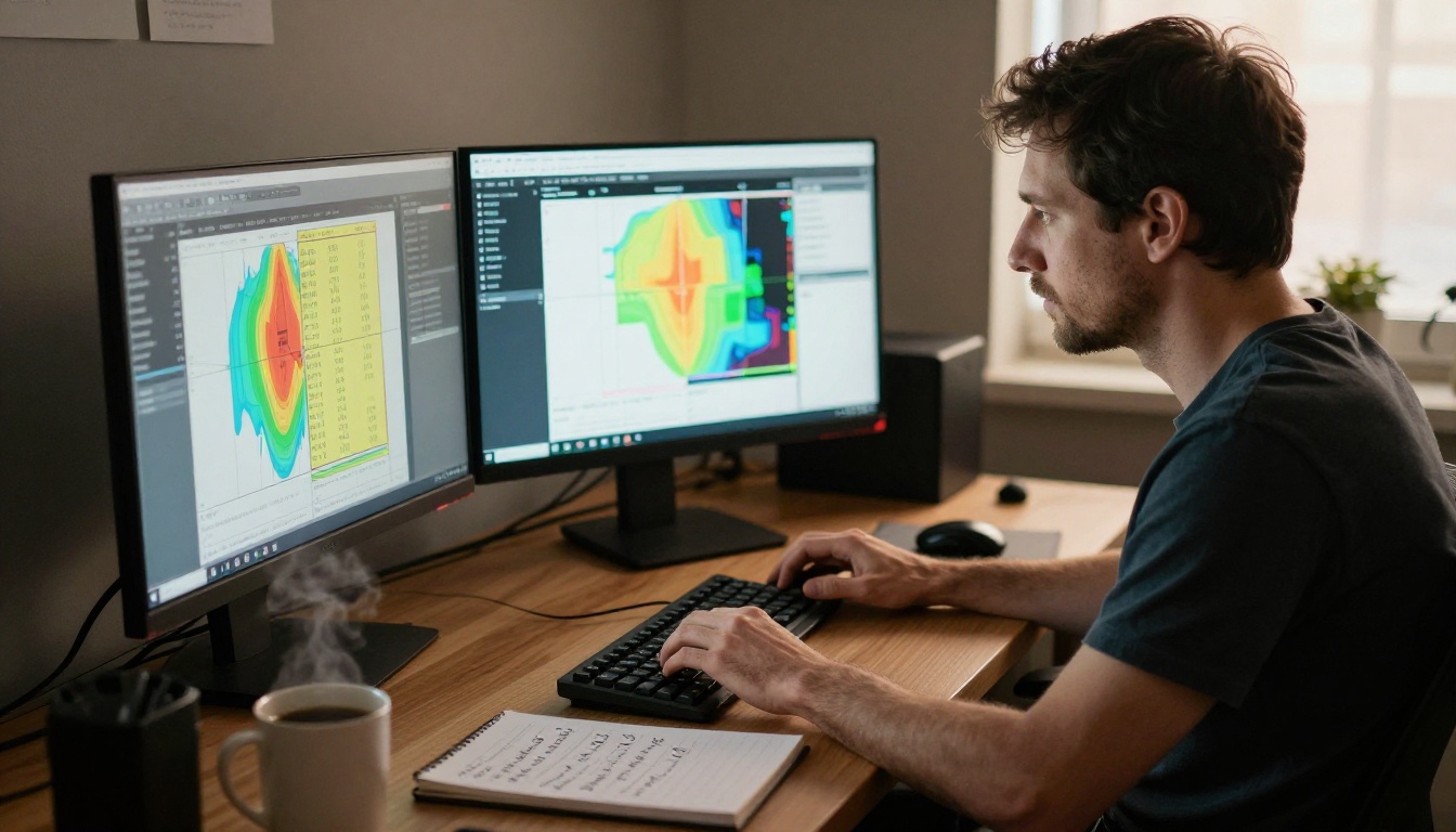 Engineer reviewing content classification results at a multi-monitor workstation