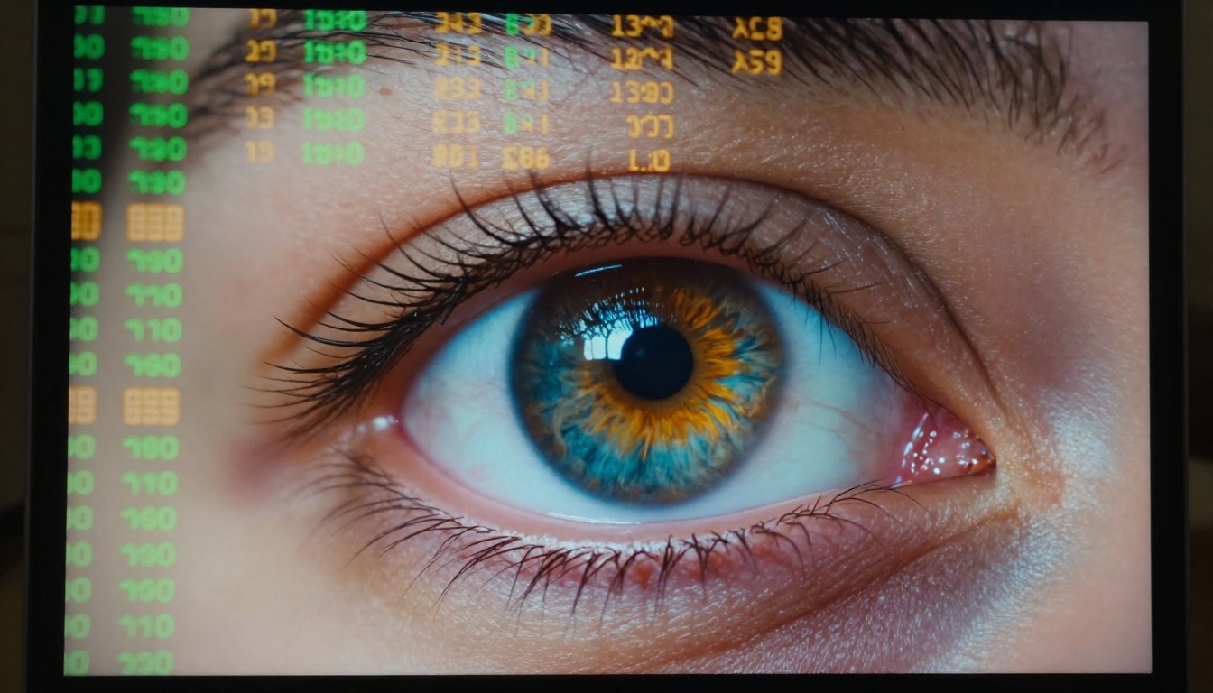 Close-up of an eye reflecting monitor data, representing AI visual inference