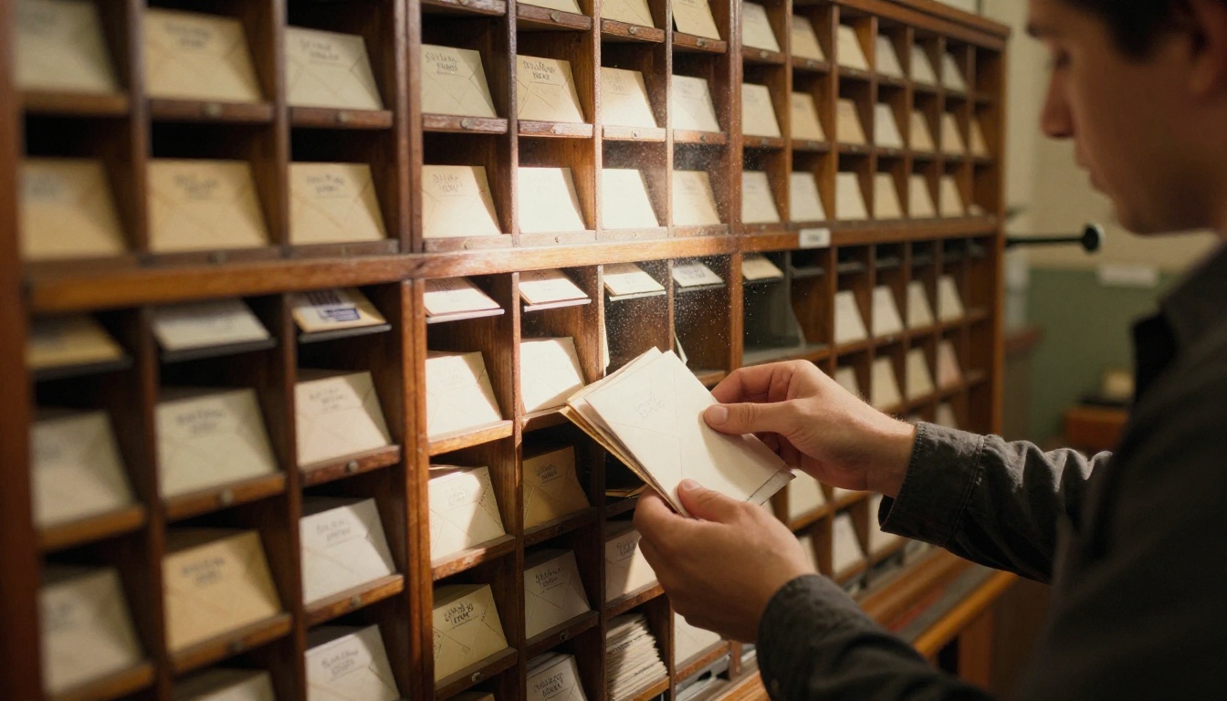 Vintage postal sorting cubbyholes representing systematic content classification