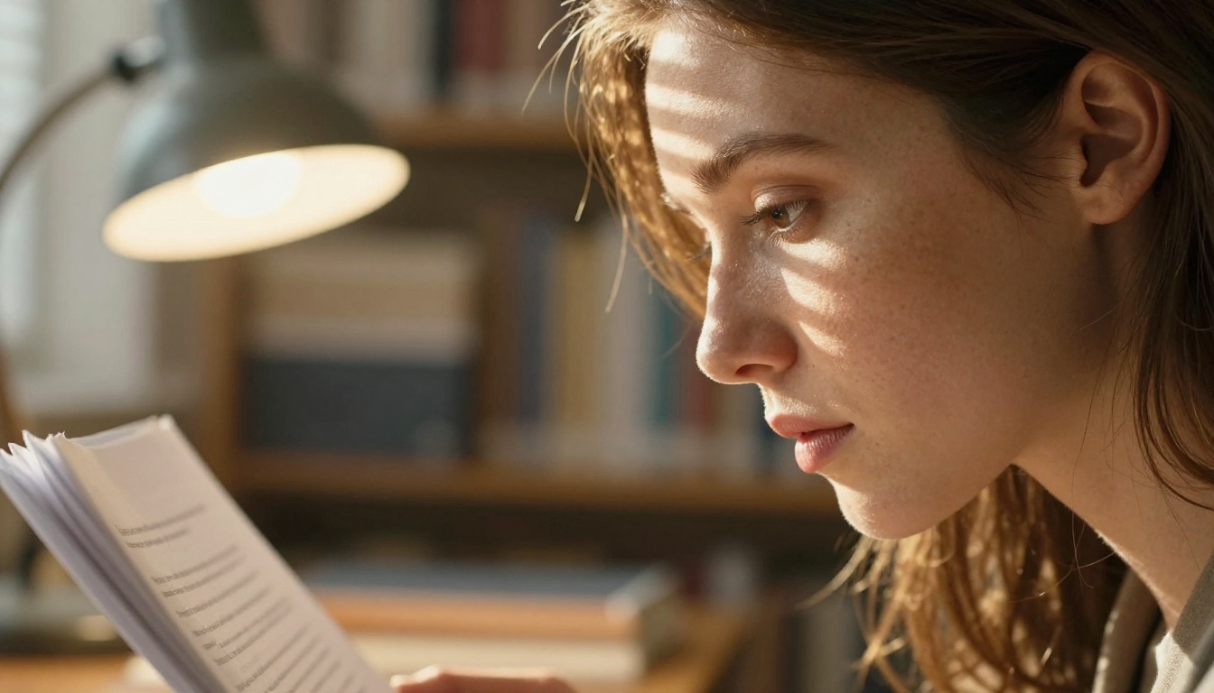 Woman reading and analyzing a printed document in warm afternoon light