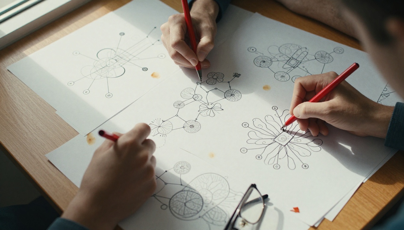 Researcher reviewing printed neural network architecture diagrams on a wooden table