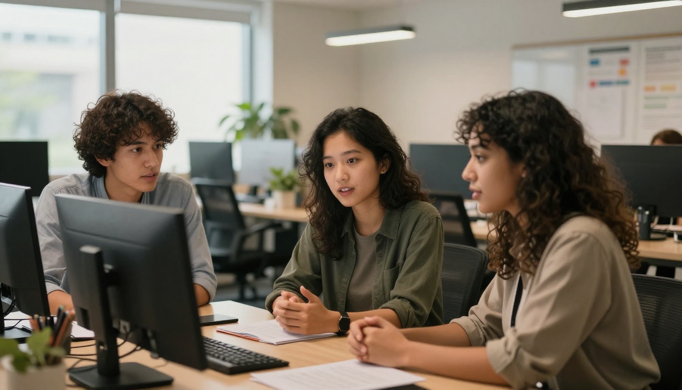 Diverse team discussing content moderation policy decisions around a shared screen