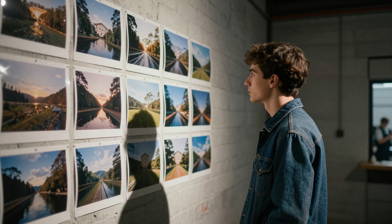Man studying a wall of systematically arranged photographs, analyzing patterns