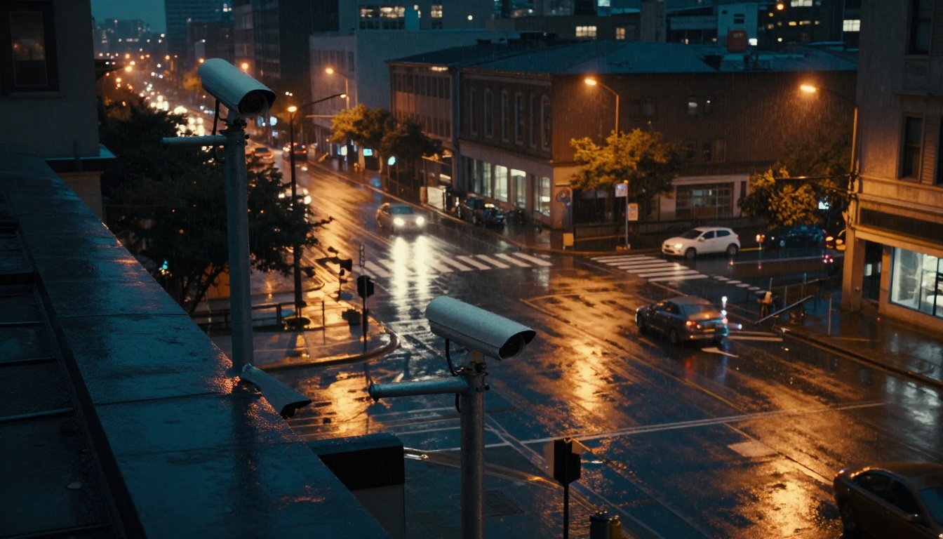 Surveillance cameras on a rain-slicked city street at night representing automated monitoring systems