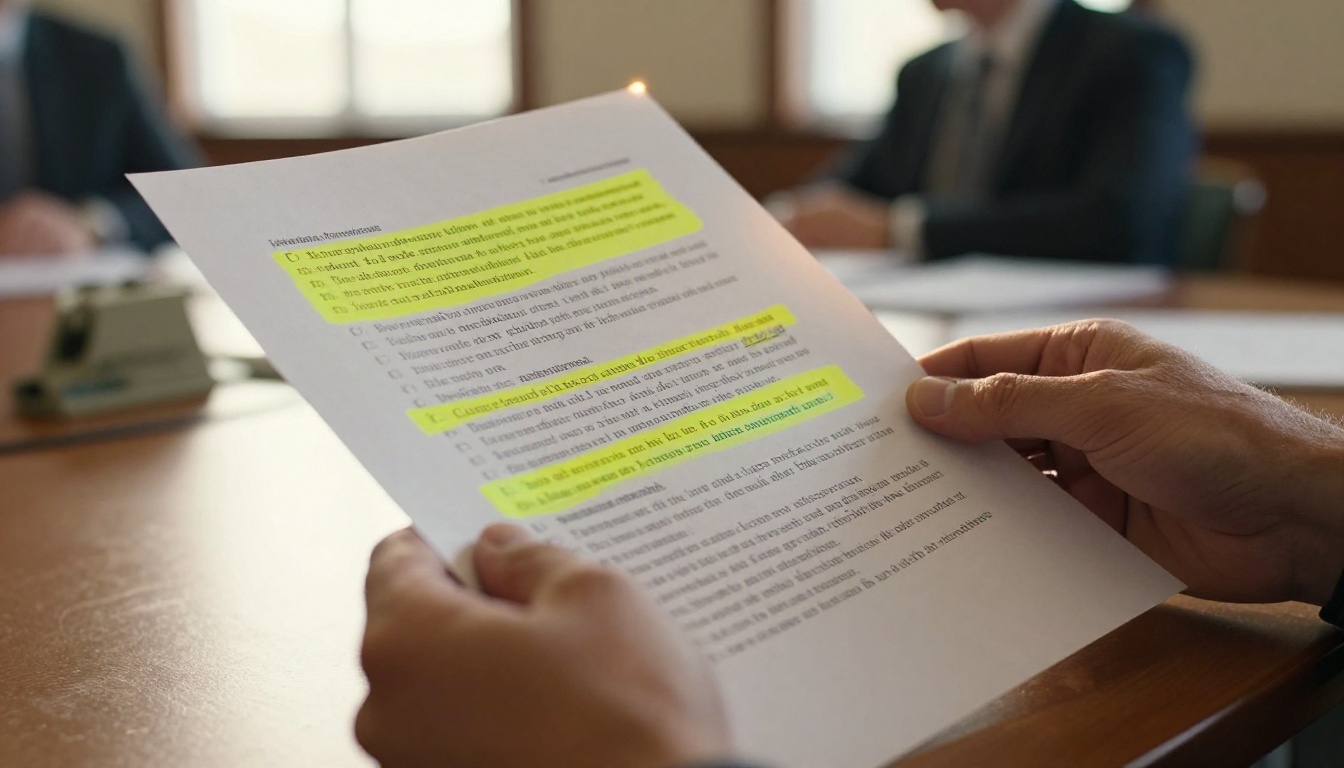 Document with highlighted sections representing careful policy review processes