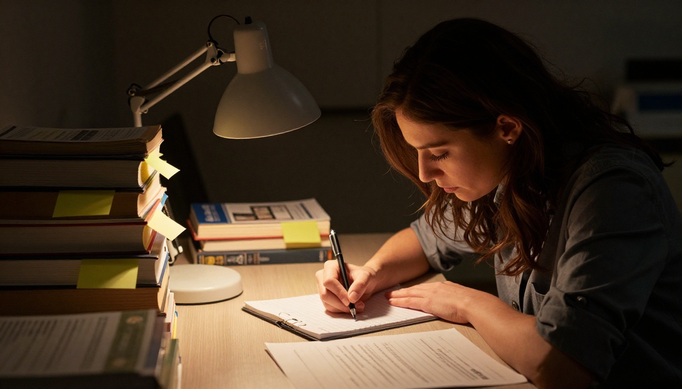 Researcher working late at night surrounded by reference books and handwritten notes