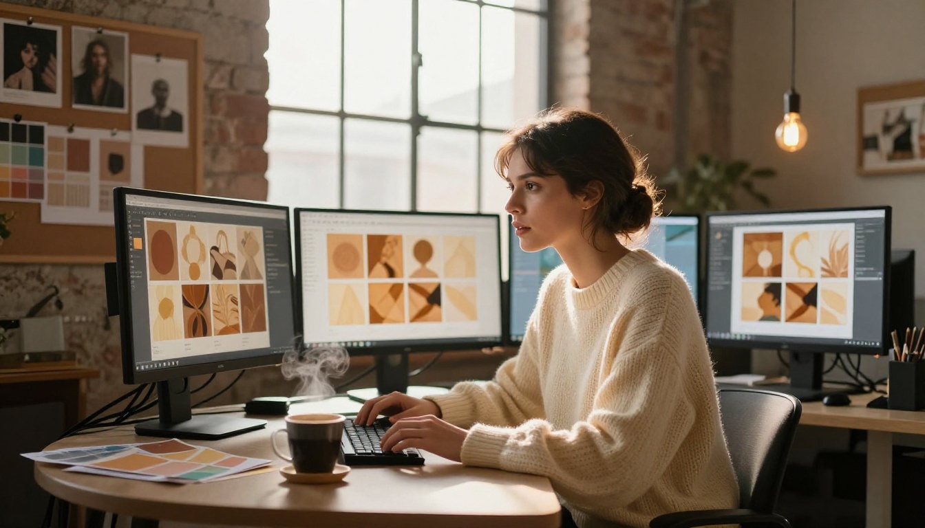 Creative professional woman at triple monitor setup with AI art grids