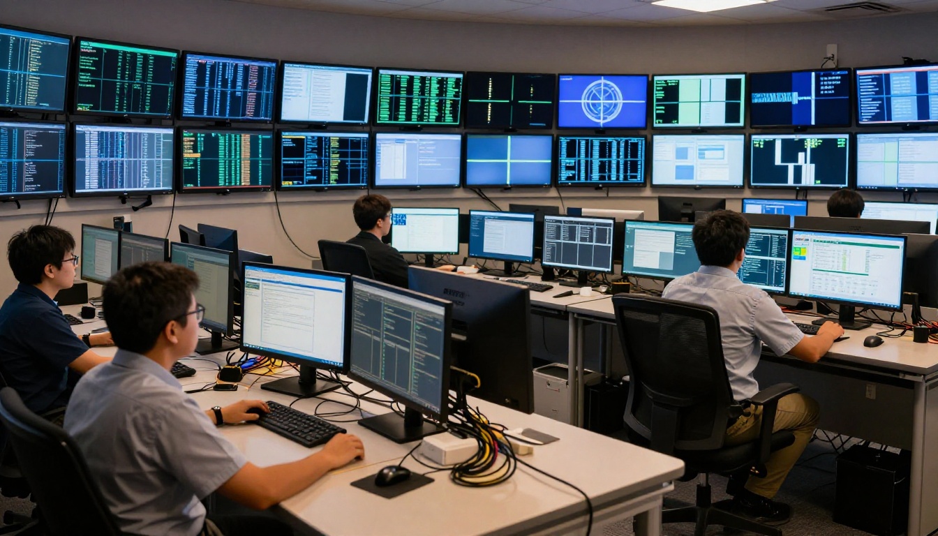 Security operations center with analysts monitoring live data feeds across a curved display wall