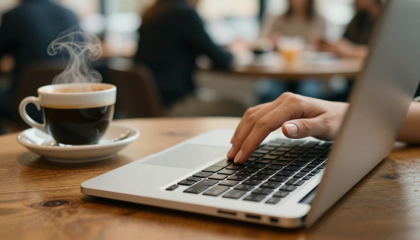 Woman typing on a laptop at a cafe table with an espresso beside her