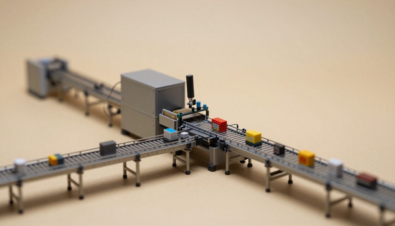 Assembly line diorama representing automated content processing and classification at scale