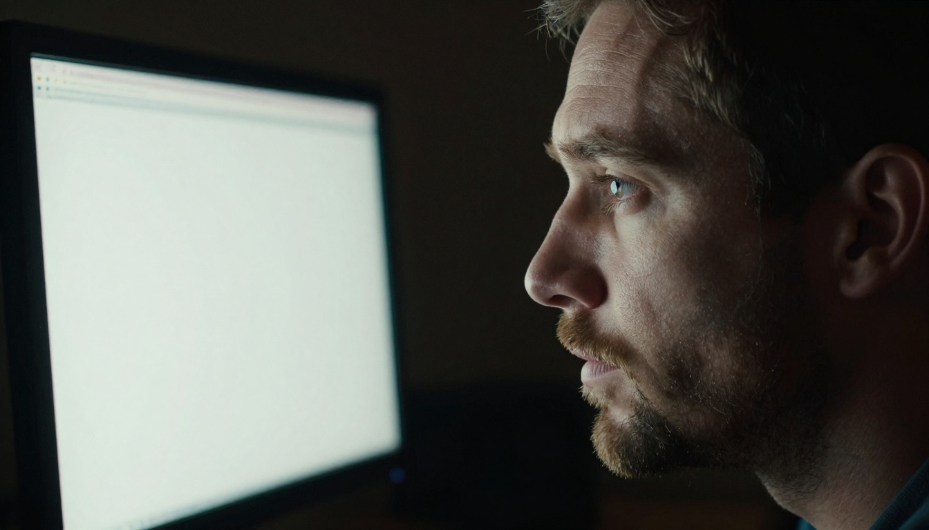Man's face in dramatic shadow, one side illuminated by a cool monitor screen