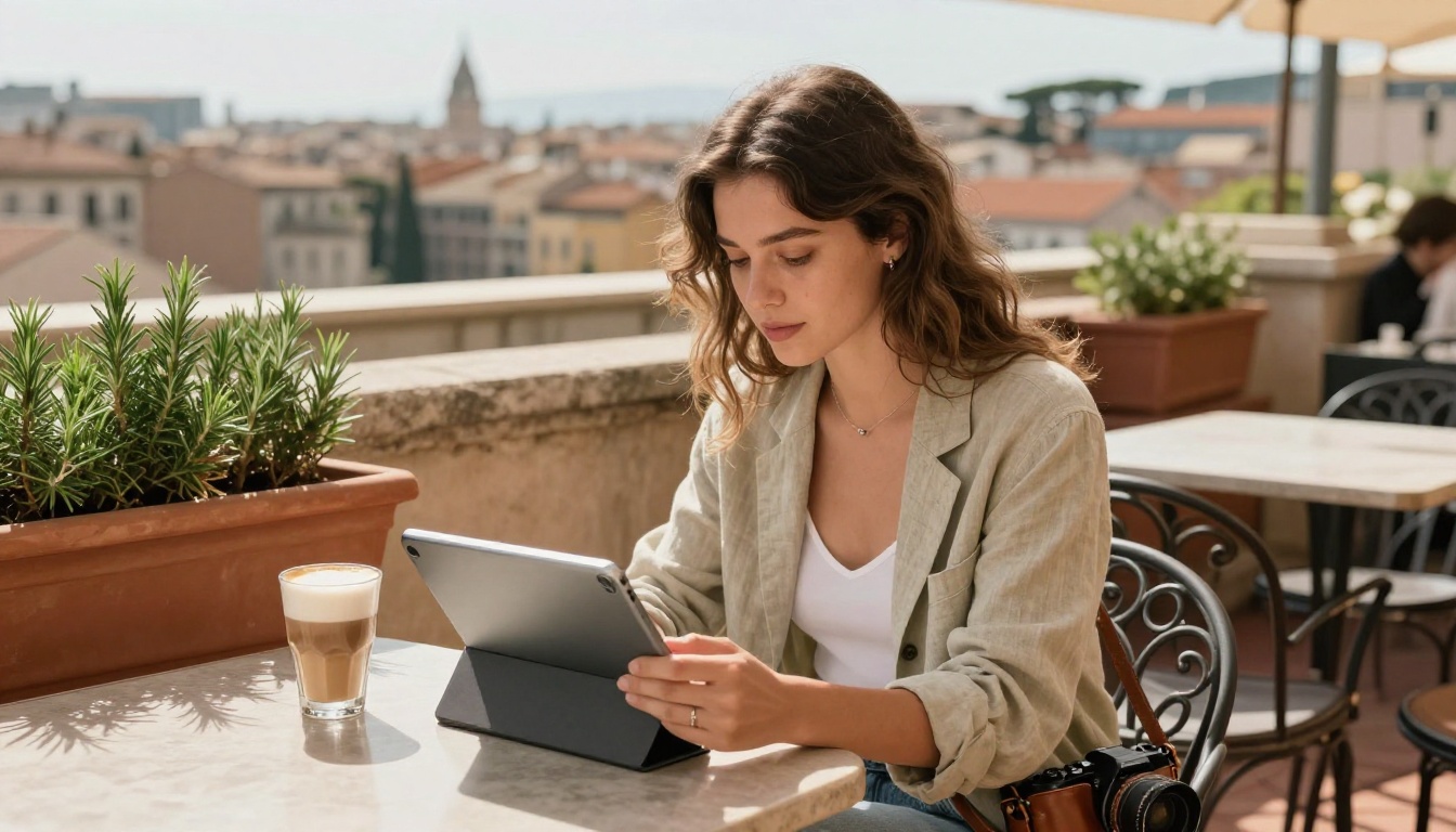 Woman photographer reviewing images on tablet at outdoor rooftop cafe