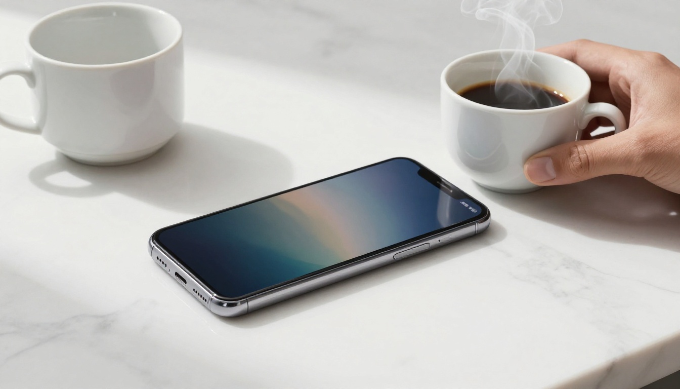Smartphone resting on a marble surface beside a morning coffee cup