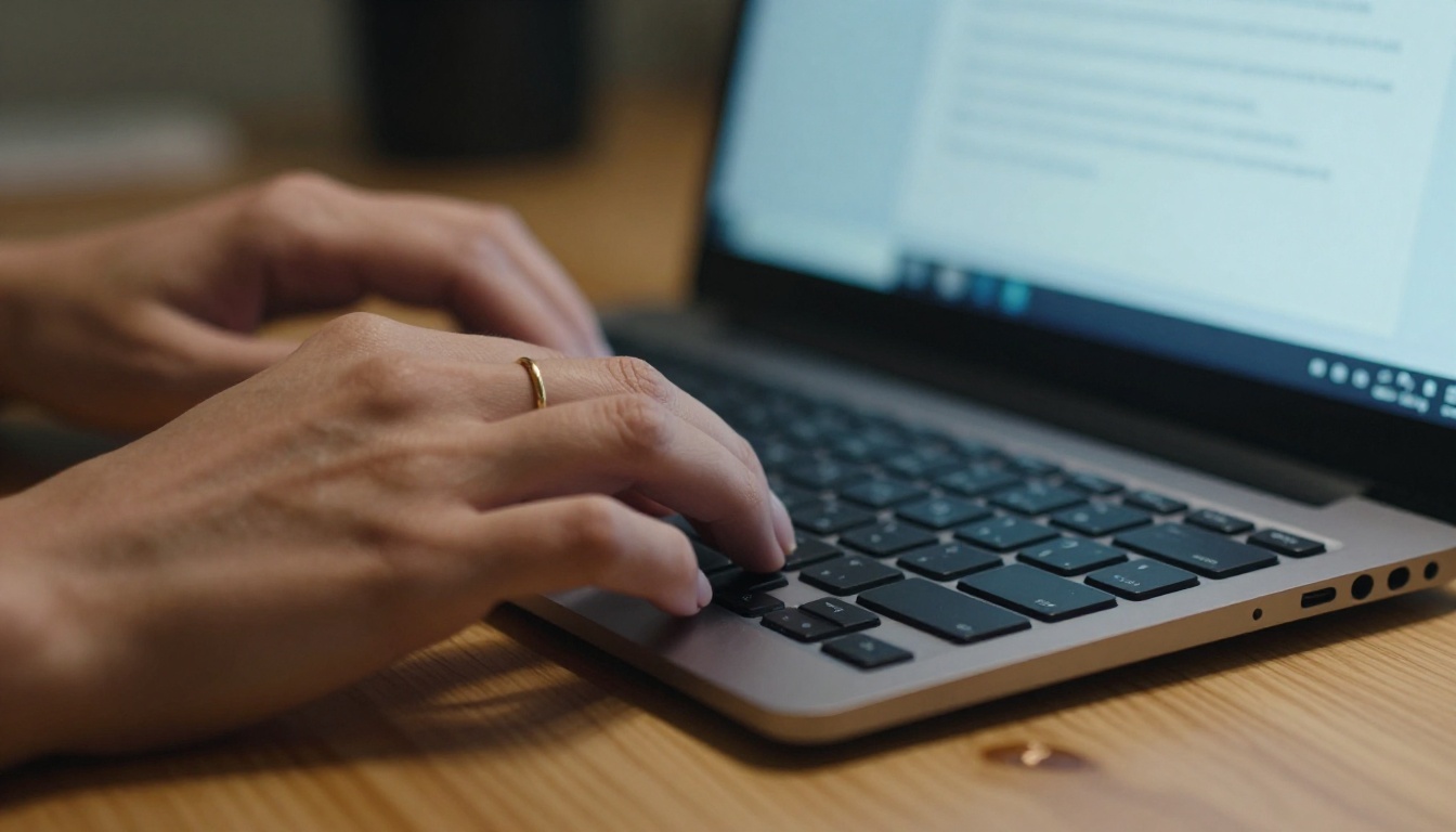 Close-up of female hands typing on keyboard with AI prompt interface behind