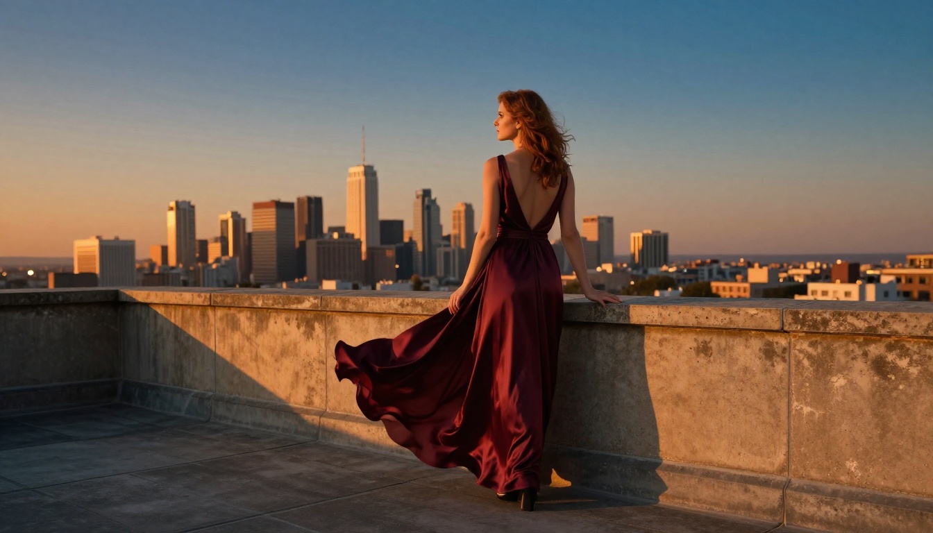 Woman in flowing burgundy silk evening dress on high-rise rooftop terrace at golden hour