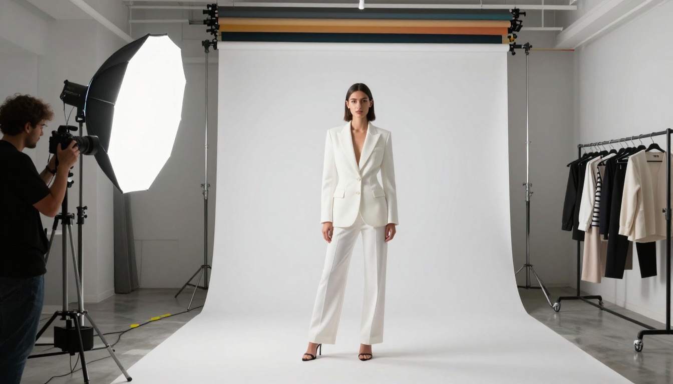 Professional fashion photography studio interior with model posing against white seamless background