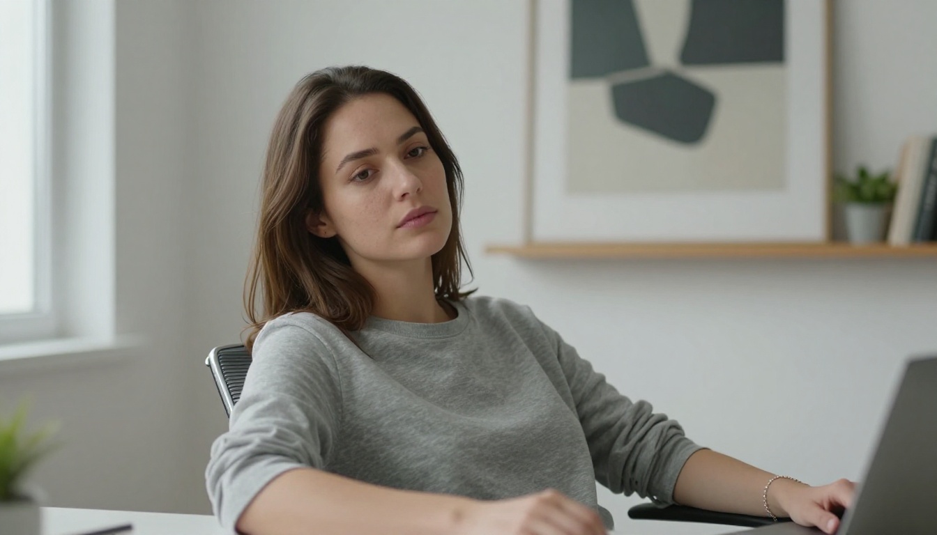 Thoughtful woman leaning back in ergonomic chair in minimalist home office