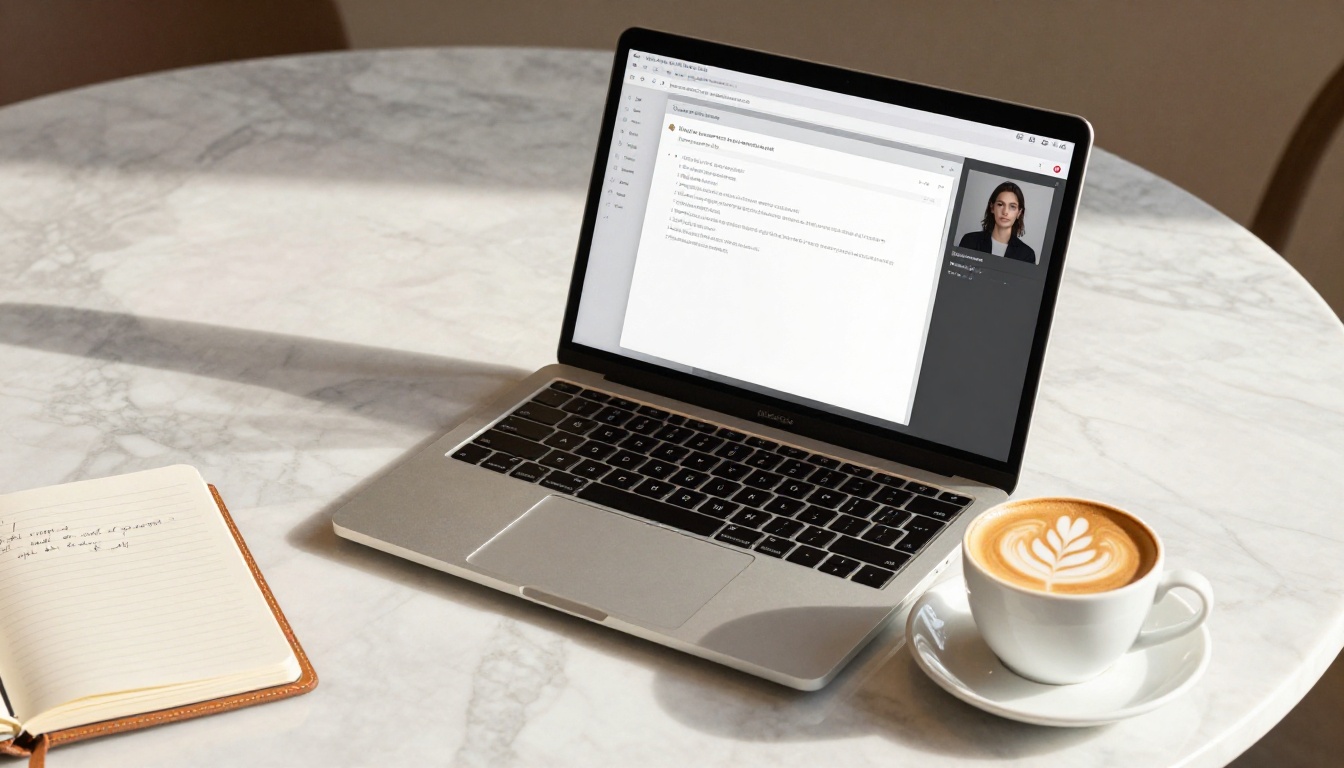 Silver MacBook Pro on marble cafe table showing AI generation interface with coffee