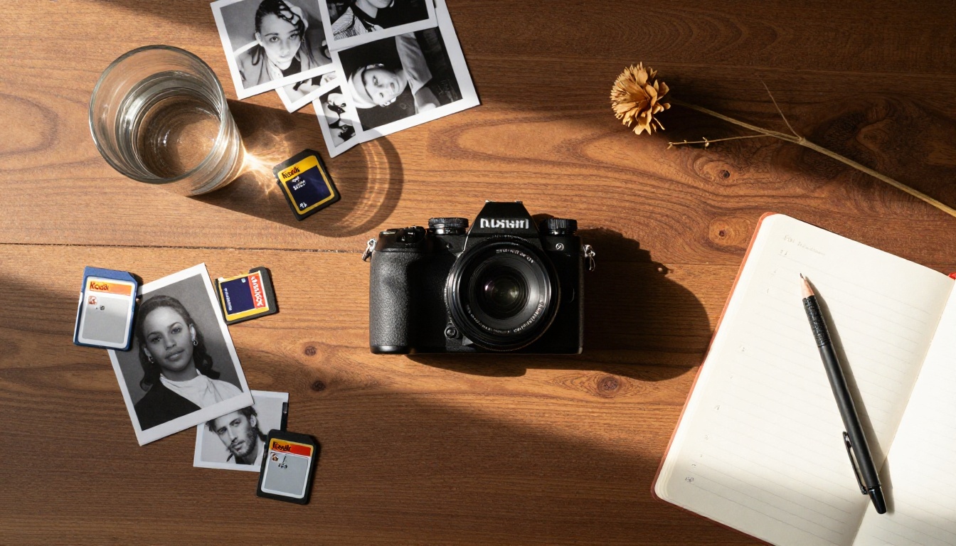 Photographer's creative workspace flat lay with camera, memory cards, and printed contact sheet