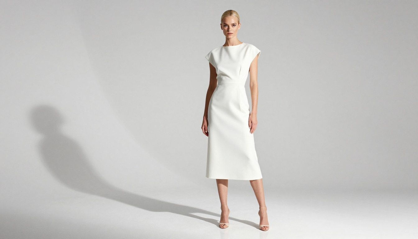 Female fashion model in white asymmetric midi dress in pristine white photography studio